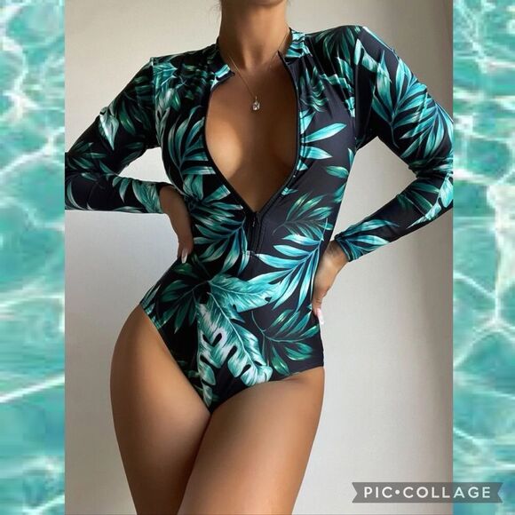 Beach Barbie Boho One Piece Zip Up Palm Print Long Sleeve Bathing Suit - Picture 1 of 8